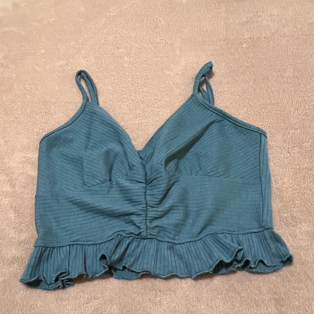 Evolutionary Teal Ruffled Women's Crop Tank Top Sz L